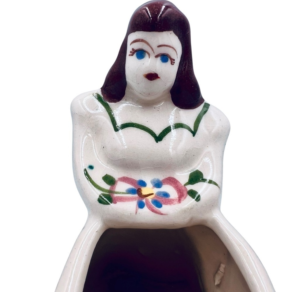Vintage Lady Planter Brunette Hand-Painted Ceramic Retro Kitsch Crazing - Picture 2 of 16